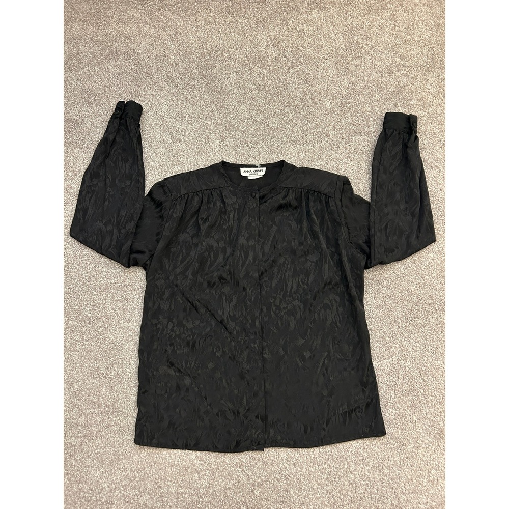 Anna Kriste Blouse Women Size 2 Black Excellent Vintage Jacquard Long Sleeve Top